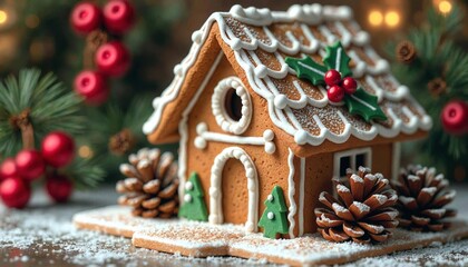 Delicate Gingerbread House with Pinecones and Holly Berries