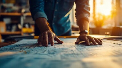 Obraz premium Architect reviewing blueprints construction plans design engineering building project