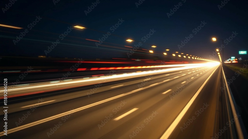 Aufkleber light trails are speeding across a highway at night with glowing dots on the side creating a futuris