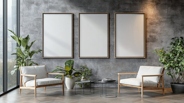 Three vertical white blank wooden framed wall art mockups hanging on the gray brick wall in an empty modern room interior with parquet floor. empty canvas, poster template, minimalistic space.