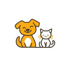 Happy dog and cat friends sitting together, white background, pet adoption illustration