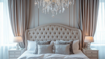Glamorous bedroom featuring a tufted headboard and crystal chandelier with soft lighting creating an elegant atmosphere. Generative AI