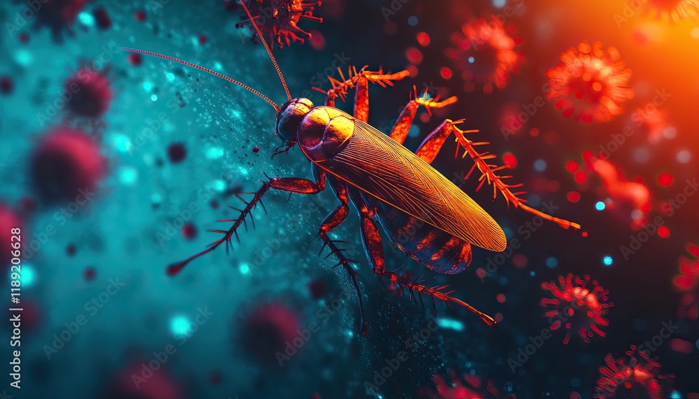 Poster a vividly colored close-up of a microscopic insect surrounded by abstract virus-like structures, hig