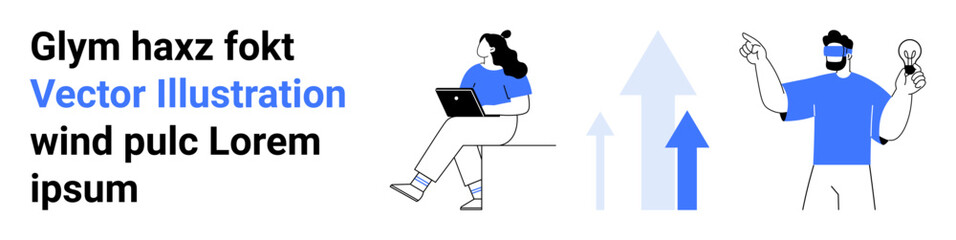 Characters engaging with technology and creativity. Woman using laptop, man generating ideas with light bulb. Arrows indicating upward growth. Ideal for innovation, teamwork, progress, startups