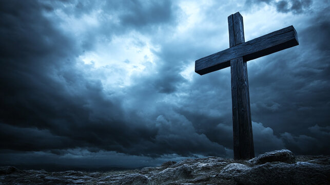 Wooden cross silhouette on rocky mountain top or peak, dark clouds on the sky. christian faith or religion, crucifixion of jesus christ, calvary sacrifice for salvation and forgiveness.
