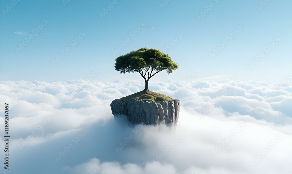 Poster surreal mountaintop tree, an otherworldly tree with intricate branches, rises majestically above the