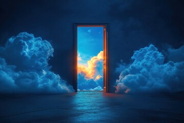 Dramatic image shows open door leading to bright blue sky filled with clouds. Warm colors suggest new beginning. Intriguing surreal scene. Ideal for inspirational posters, motivational prints, art