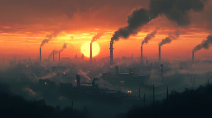 Industrial sunset smokestacks over a foggy town. Nightstone. Illustration