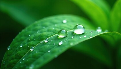 Glistening droplets of dew on a leaf's surface, drops, green