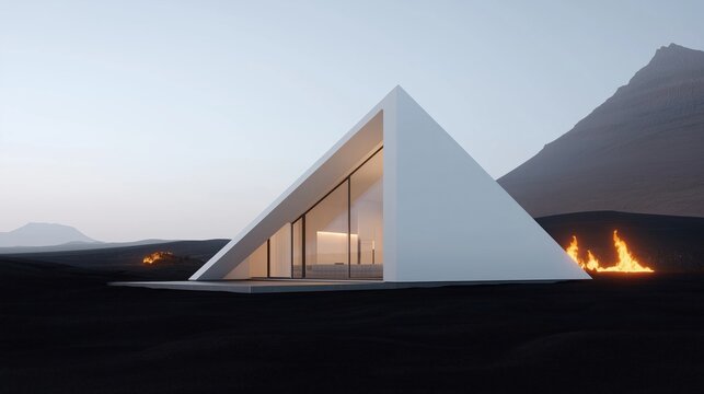 Modern triangular white house stands in vast black desert landscape. Futuristic minimalist design contrasts with dark sand, dunes. Light streams from large windows. Surreal scene evokes science