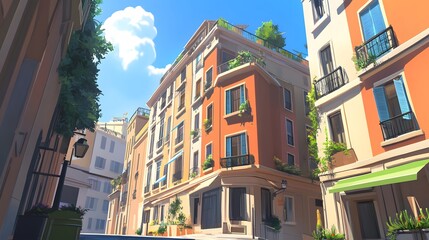 Fototapeta premium Sunny Day European Street Scene Buildings Architecture