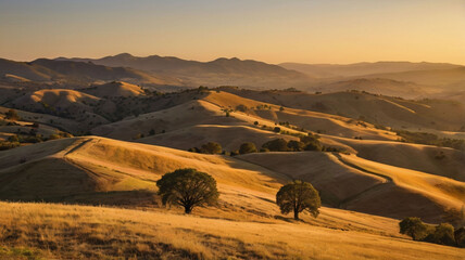 Obraz premium hills bathed in the golden light of the hour before sunset, ai