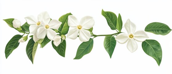 A branch of white flowers and green leaves