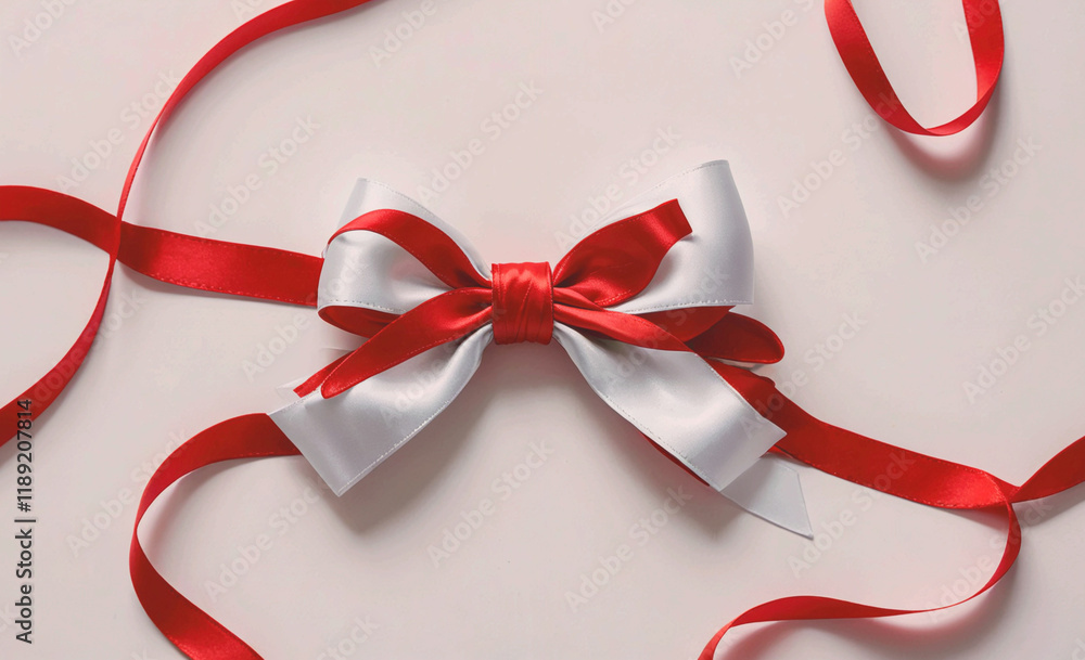 Poster red and white ribbon bow is on a white background. the bow is made of satin ribbon and is tied in a 