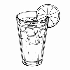 Glass of lemonade with ice cubes in monochrome sketch