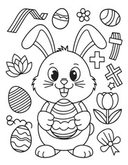 Fototapeta premium Easter Coloring page, Easter egg Coloring Page, Easter Holiday coloring page, easter bunny coloring page. bunny line art, black and white image