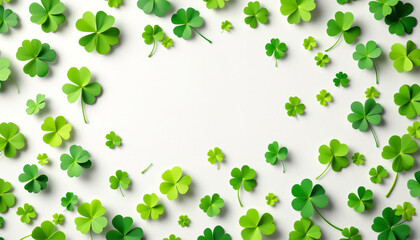 Fototapeta premium Scattered green clovers on a light background, perfect for St. Patrick's Day