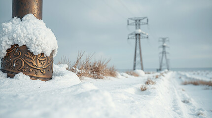 Snowy landscape, power transmission towers, winter scene, rustic wooden post, white fluffy snow, cold atmosphere, electrical infrastructure, desolate field, muted colors, foggy horizon, icy terrain, r
