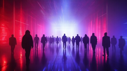 Fototapeta premium Silhouetted Figures Walking Through a Futuristic Neon Light Corridor