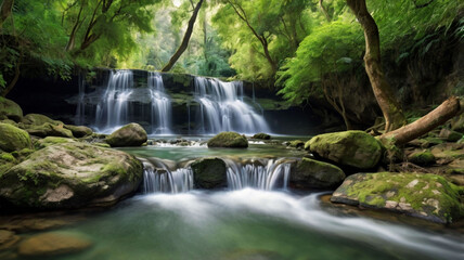 a secluded waterfall cascading down the side of a hill,ai