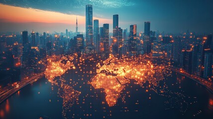 Obraz premium Global Network Connection Illuminated World Map Over Night City Skyline