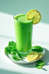 Green smoothie with lemon and mint on a white saucer