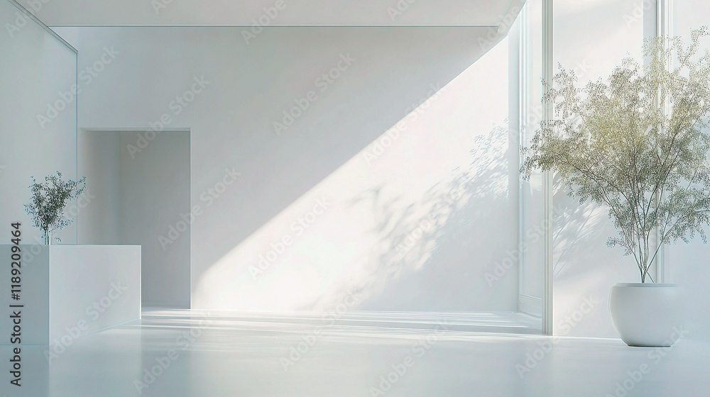 Poster serene minimalist interior: sunlight streams through a large window, casting shadows on the pristine