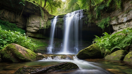 a secluded waterfall cascading down the side of a hill,ai