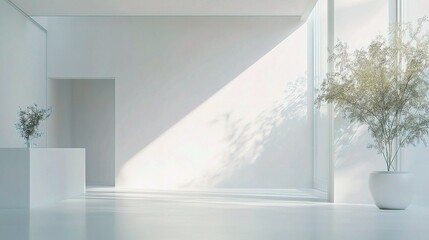 Serene Minimalist Interior: Sunlight streams through a large window, casting shadows on the pristine white walls of a minimalist interior.  Two potted plants add subtle texture and life to the clean.