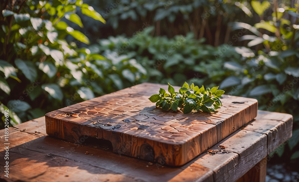 Aufkleber Wooden cutting board with a bunch of green leaves on top of it. The leaves are on the cutting board and not on the table