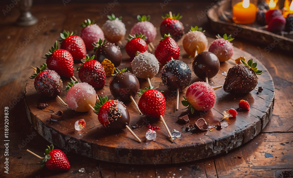 Poster Tray of strawberries with chocolate on top. There are many strawberries on the tray. Some of them are on the left side of the tray and some are on the right side