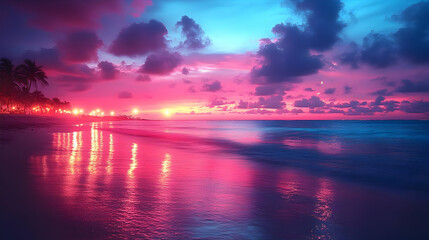 Fototapeta premium Vibrant Sunset over Tropical Beach with Pink and Purple Hues Reflecting on Calm Ocean Waters