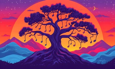 Silhouette of a tree at sunrise, branches reaching skyward, vibrant colors illuminating the horizon, tranquil morning ambiance.