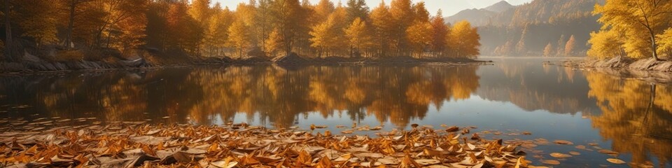 Golden brown autumn leaves float on the surface of a small lake, creating a warm and inviting atmosphere, seasonal change, foliage
