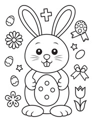 Easter Coloring page, Easter egg Coloring Page, Easter Holiday coloring page, easter bunny coloring page. bunny line art, black and white image