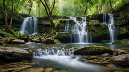 Obraz premium a secluded waterfall cascading down the side of a hill,ai