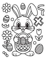 Easter Coloring page, Easter egg Coloring Page, Easter Holiday coloring page, easter bunny coloring page. bunny line art, black and white image