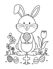 Easter Coloring page, Easter egg Coloring Page, Easter Holiday coloring page, easter bunny coloring page. bunny line art, black and white image