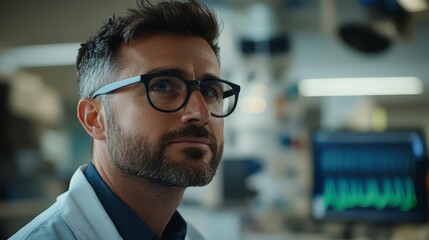 Obraz premium Thoughtful Male Doctor or Scientist in Lab Coat Glasses Pensive Expression Medical Research