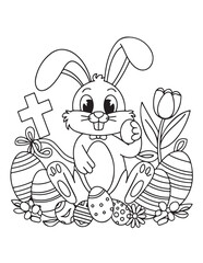 Easter Coloring page, Easter egg Coloring Page, Easter Holiday coloring page, easter bunny coloring page. bunny line art, black and white image