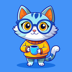 Cute Cartoon Cat – Big Eyes, Blue Fur, Orange Spot, Adorable Character Design