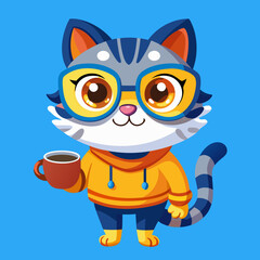 Cute Cartoon Cat – Big Eyes, Blue Fur, Orange Spot, Adorable Character Design