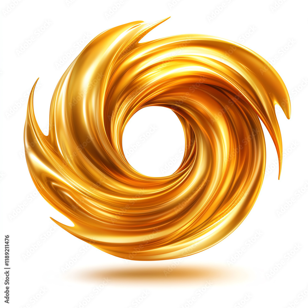 Poster a shiny, swirling golden design with a circular shape on a white isolated background.