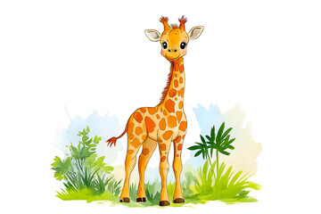 Obraz premium A cheerful baby giraffe with bright orange spots stands in a vibrant landscape filled with greenery. This scene captures the innocence of wildlife in a playful manner