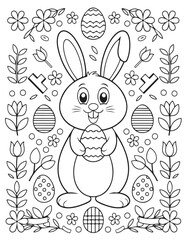 Easter Coloring page, Easter egg Coloring Page, Easter Holiday coloring page, easter bunny coloring page. bunny line art, black and white image