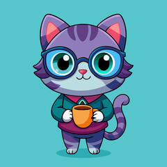 Cute Cartoon Cat – Big Eyes, Blue Fur, Purple Accessories, Adorable Character
