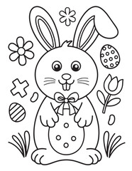Easter Coloring page, Easter egg Coloring Page, Easter Holiday coloring page, easter bunny coloring page. bunny line art, black and white image