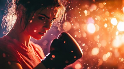 Female boxer training in a dimly lit gym with dramatic lighting during a focused workout session