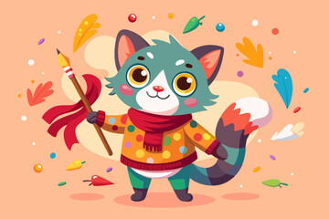 Cute Cartoon Cat &ndash; Colorful Red Polka Dot Sweater, Adorable Character Design
