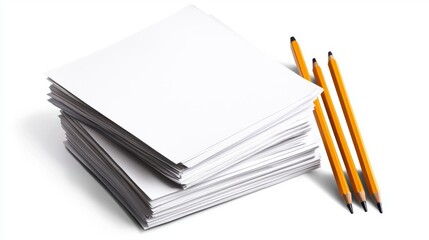 Naklejka premium Blank Stack of Paper with Three Yellow Pencils on White Background